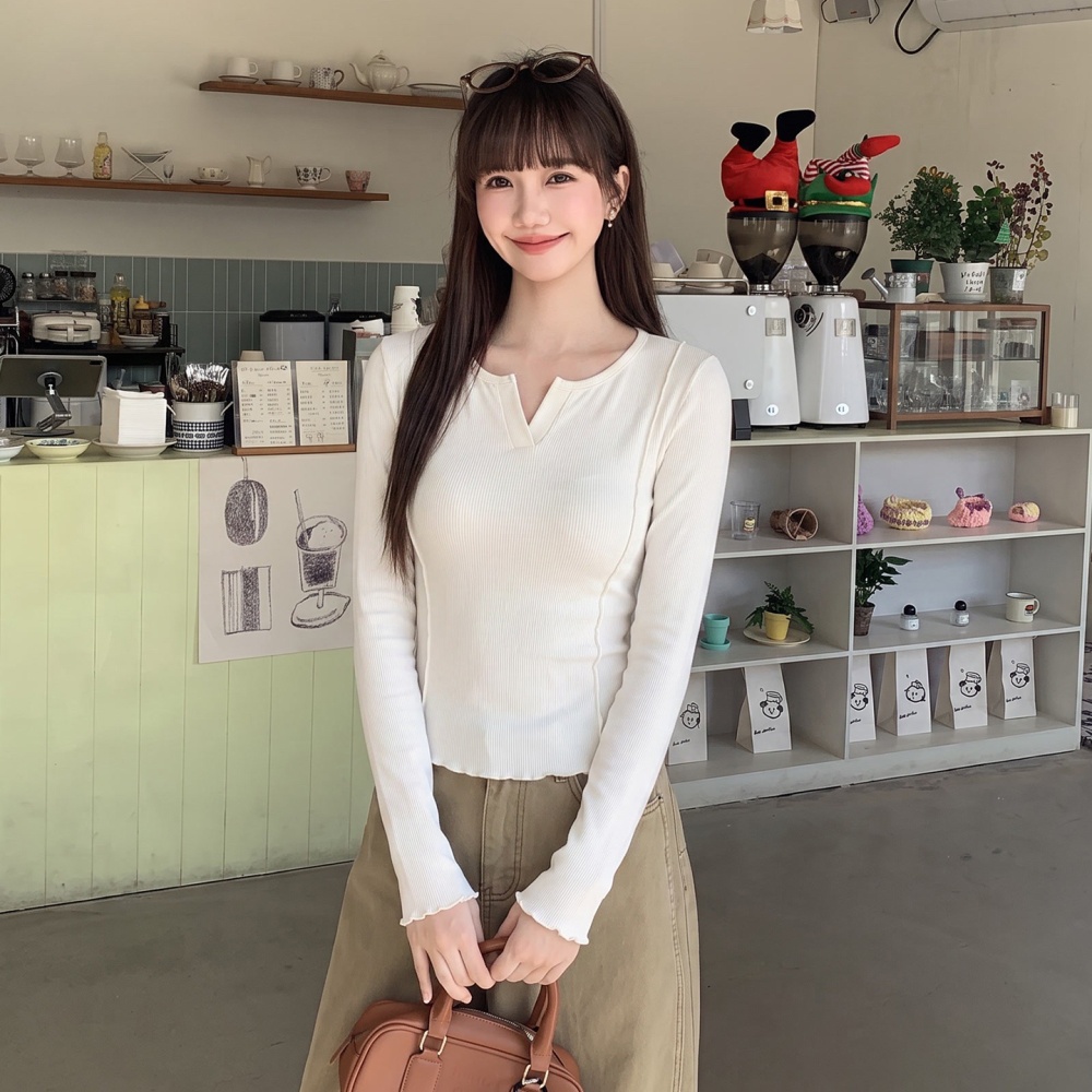 V-neck long sleeve T-shirt wood ear bottoming shirt