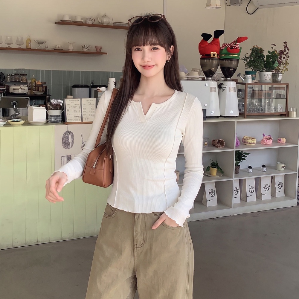 V-neck long sleeve T-shirt wood ear bottoming shirt