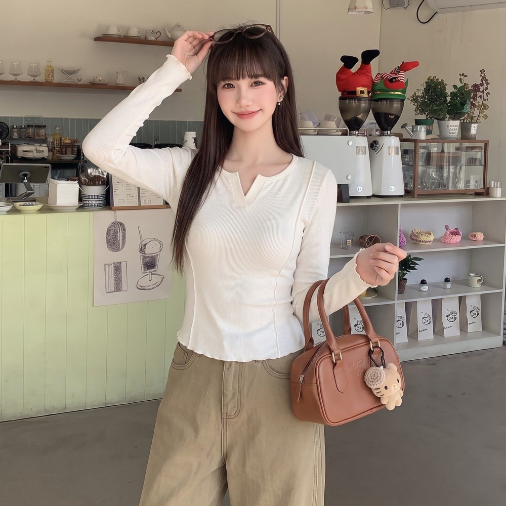 V-neck long sleeve T-shirt wood ear bottoming shirt