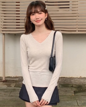 Slim V-neck T-shirt pure Korean style tops for women
