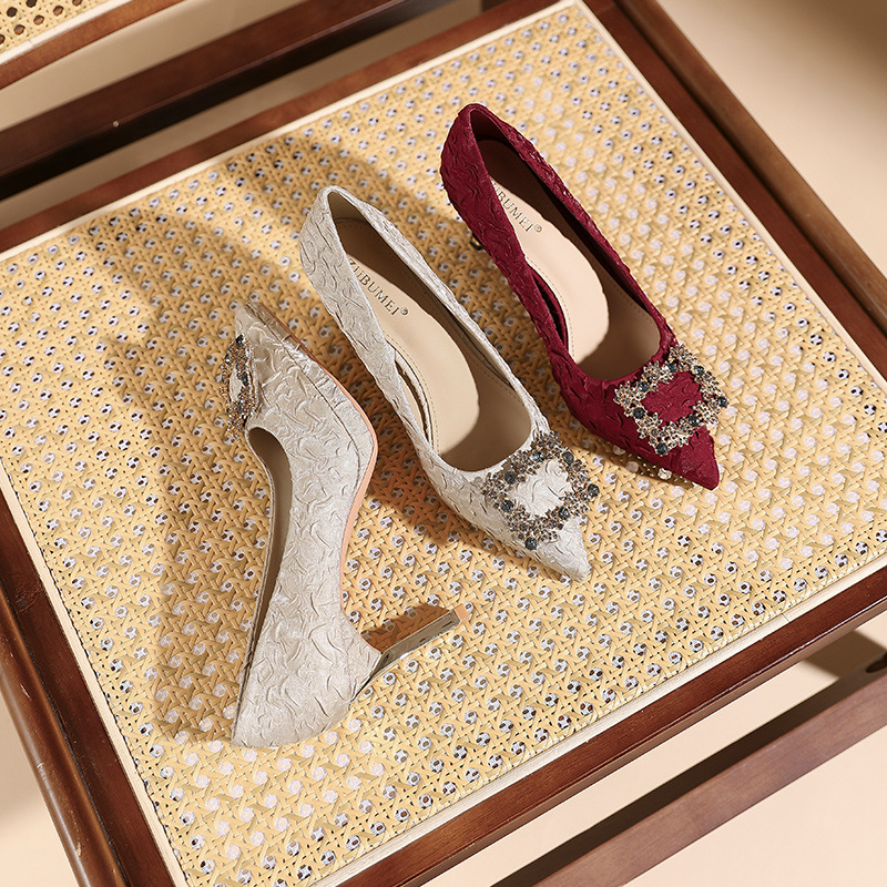 Fold retro high-heeled shoes diamond fine-root shoes