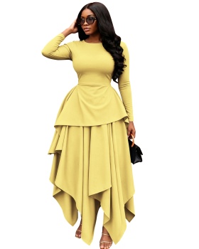 Irregular round neck pinched waist long sleeve dress