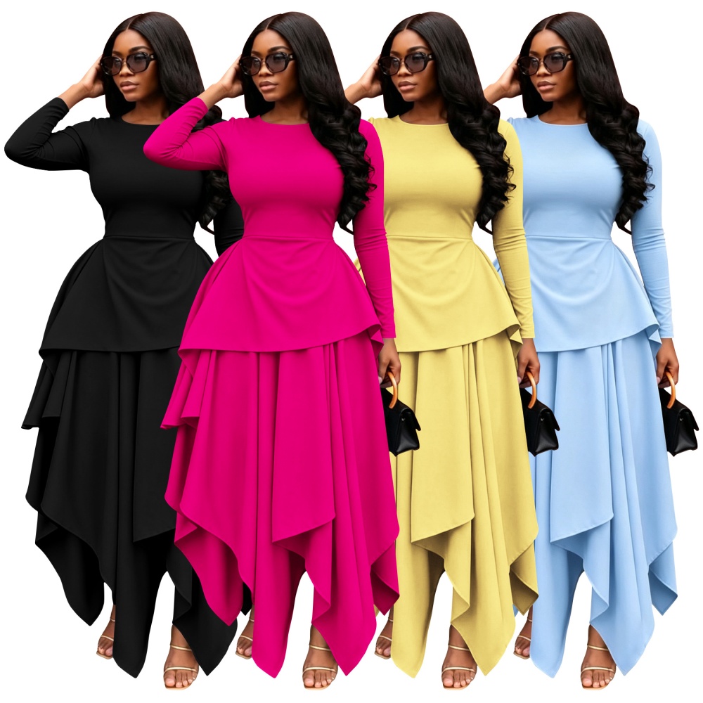 Irregular round neck pinched waist long sleeve dress