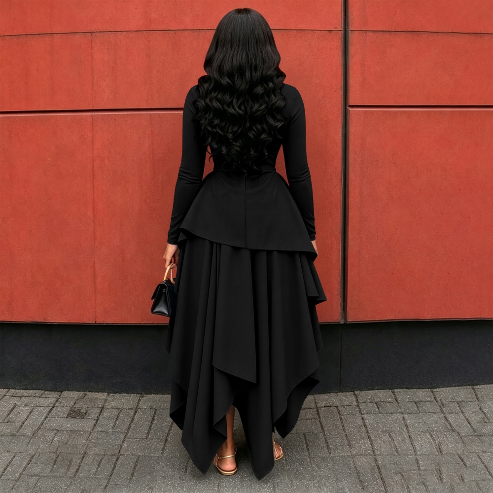 Irregular round neck pinched waist long sleeve dress