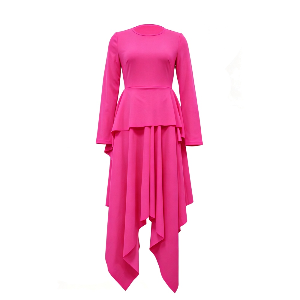 Irregular round neck pinched waist long sleeve dress