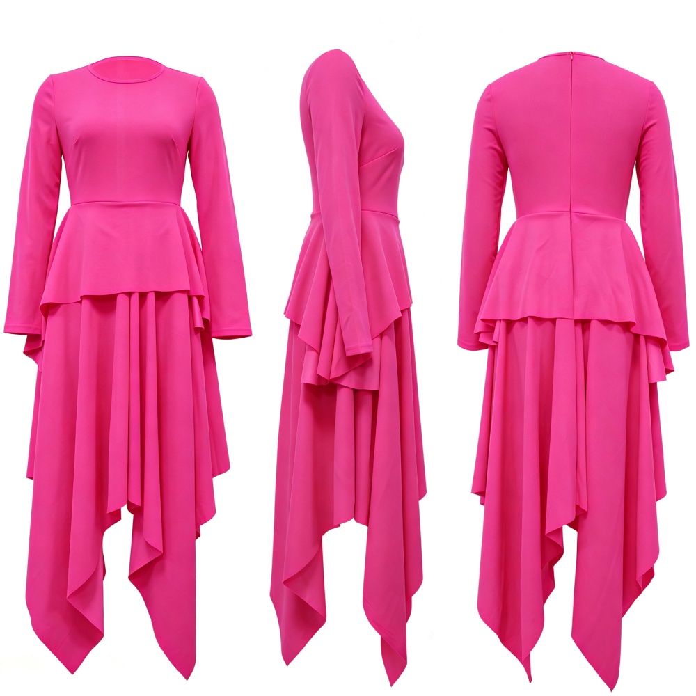 Irregular round neck pinched waist long sleeve dress
