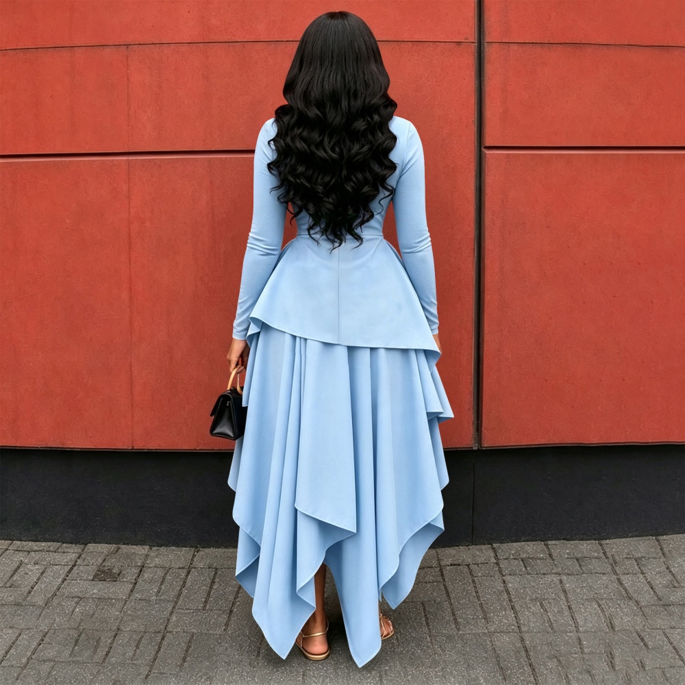 Irregular round neck pinched waist long sleeve dress