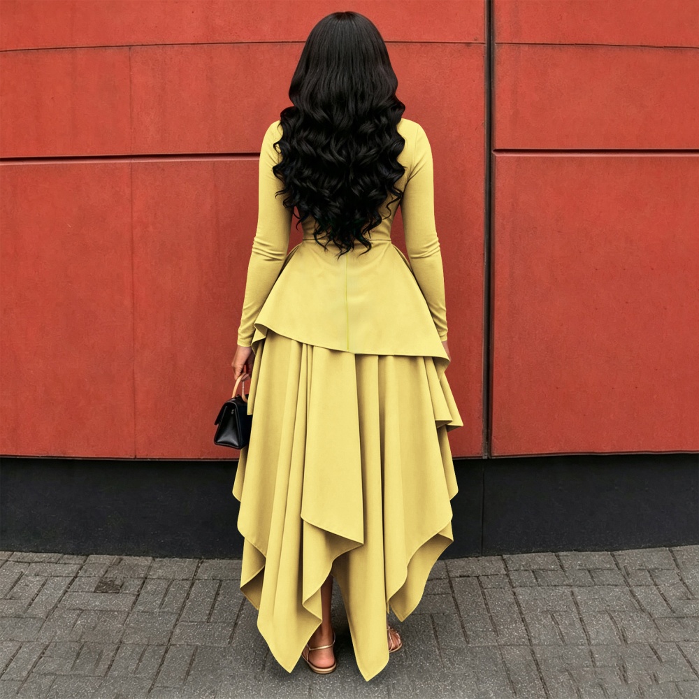 Irregular round neck pinched waist long sleeve dress