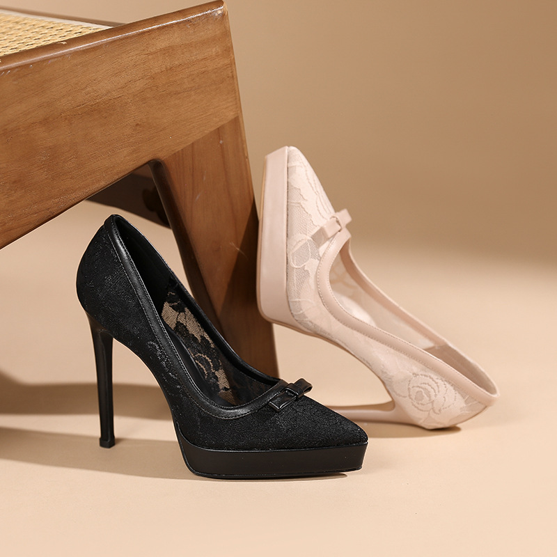 Nude color romantic platform gauze bow shoes for women
