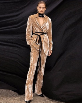 Waistband golden velvet long pants autumn coat 2pcs set