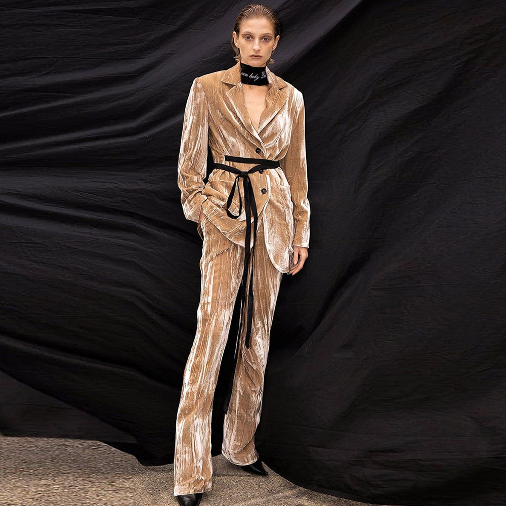 Waistband golden velvet long pants autumn coat 2pcs set