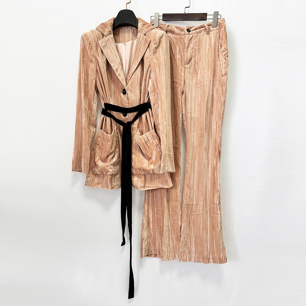 Waistband golden velvet long pants autumn coat 2pcs set