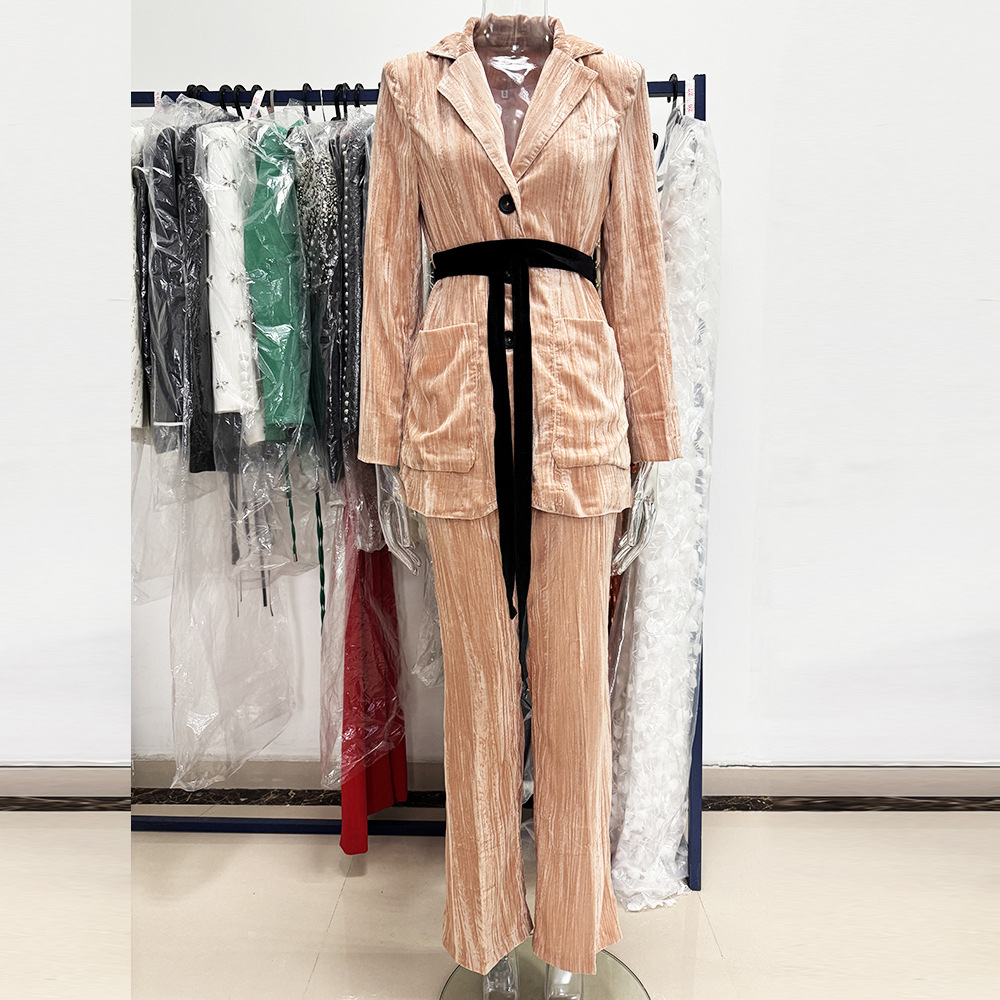 Waistband golden velvet long pants autumn coat 2pcs set