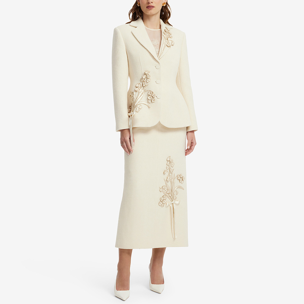 Embroidered slim short skirt stereoscopic coat 2pcs set