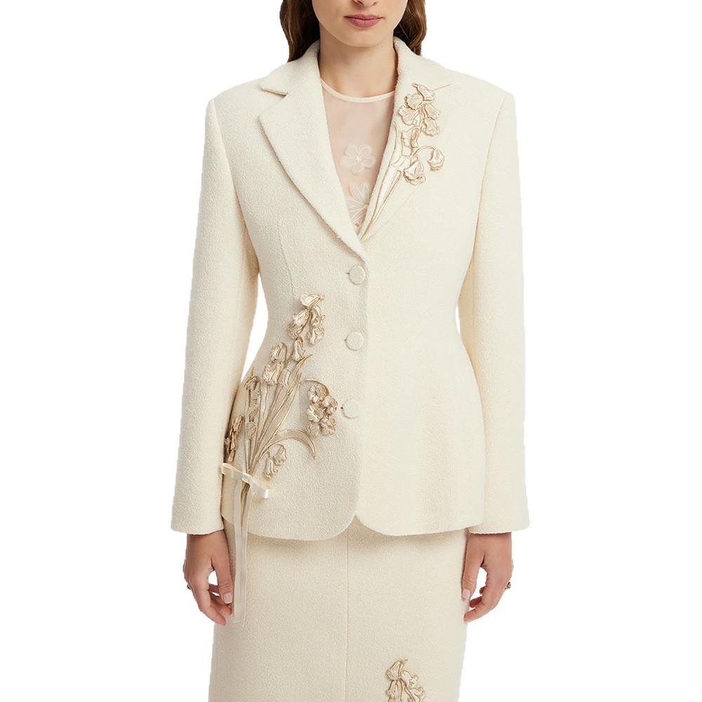 Embroidered slim short skirt stereoscopic coat 2pcs set