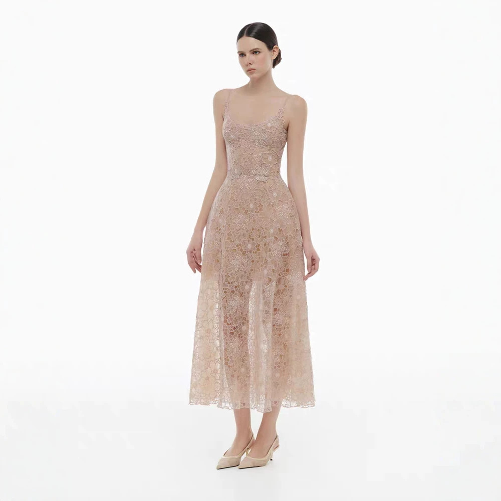 Light luxury lace long dress niche sling dress