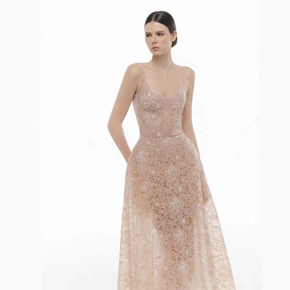 Light luxury lace long dress niche sling dress
