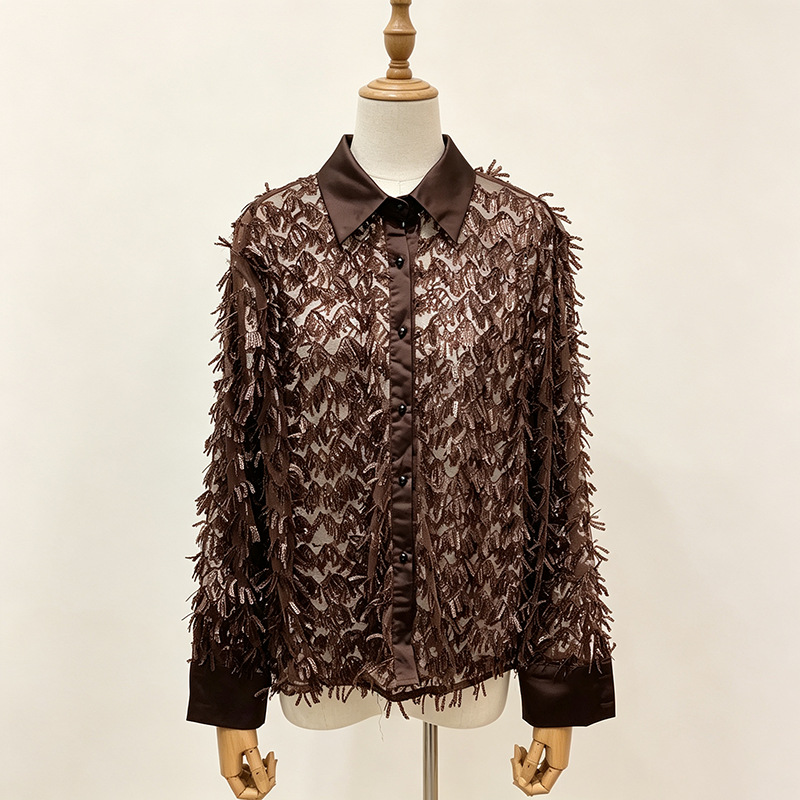Fashion long sleeve autumn shirt sequins niche tops for women