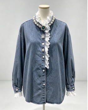 Long sleeve lace fashion tops autumn rhinestone shirt for women
