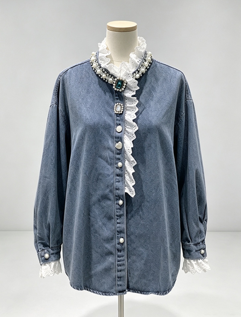 Long sleeve lace fashion tops autumn rhinestone shirt for women