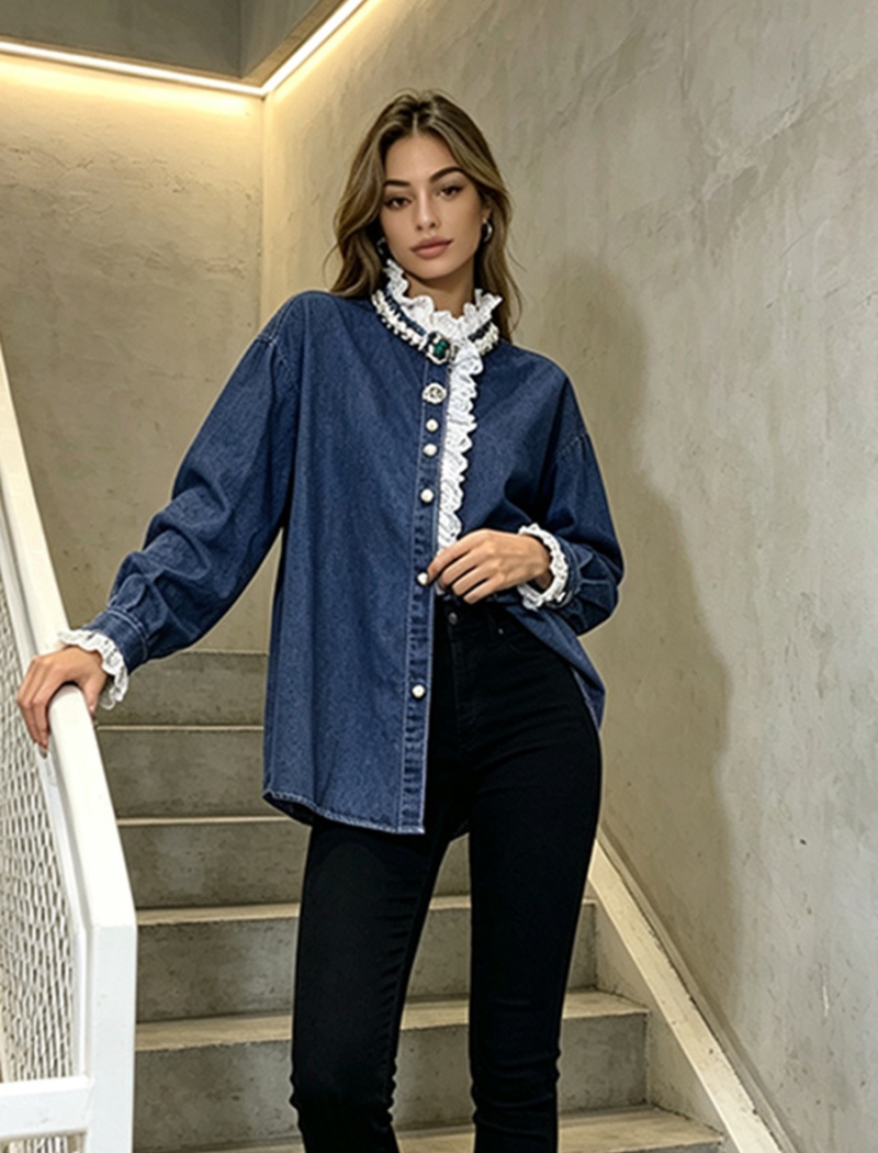 Long sleeve lace fashion tops autumn rhinestone shirt for women