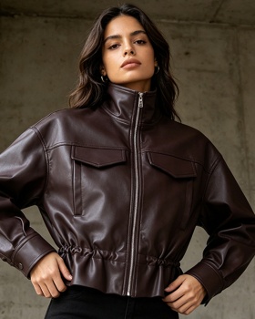 Autumn temperament coat long sleeve leather coat for women