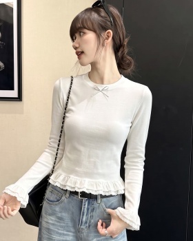 Lace bow T-shirt autumn lace hem tops for women
