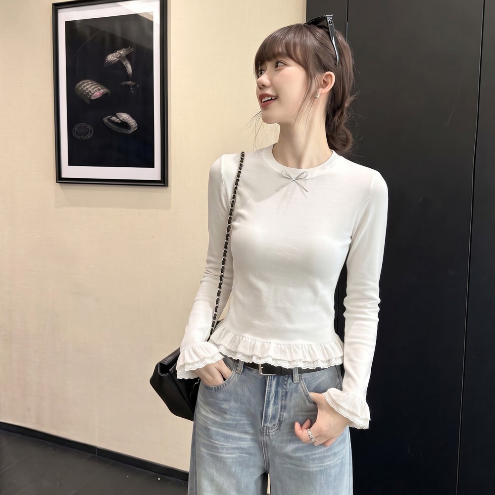 Lace bow T-shirt autumn lace hem tops for women