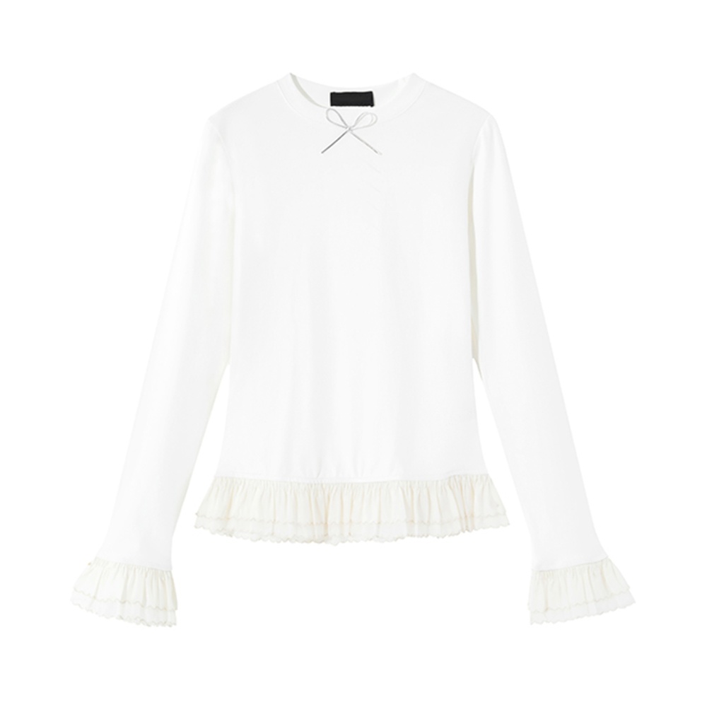 Lace bow T-shirt autumn lace hem tops for women