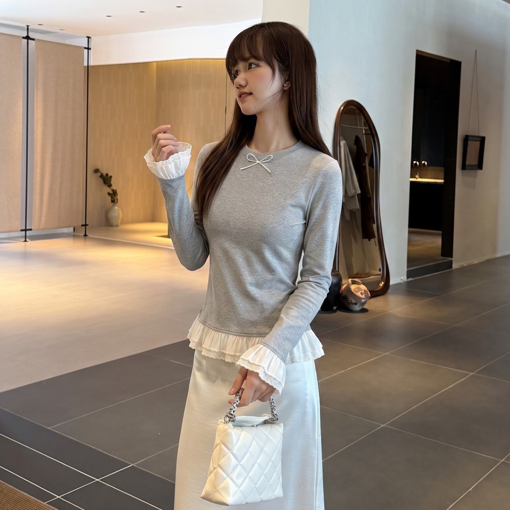 Lace bow T-shirt autumn lace hem tops for women