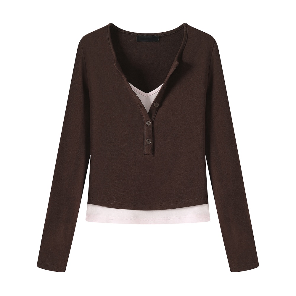 Pseudo-two long sleeve autumn tops mixed colors slim T-shirt