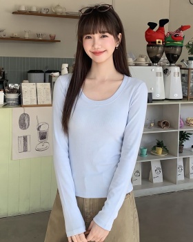 All-match pure long sleeve tops slim autumn round neck T-shirt
