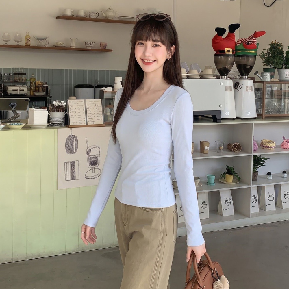 All-match pure long sleeve tops slim autumn round neck T-shirt