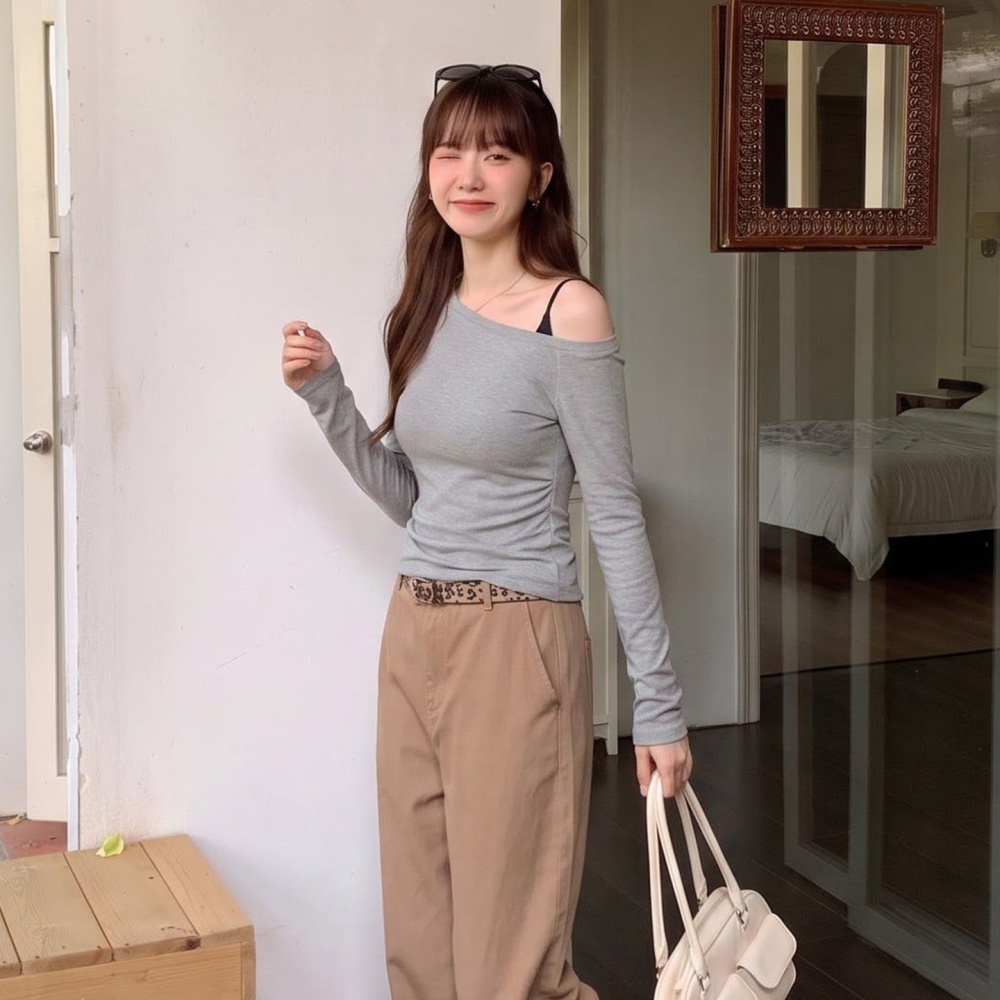 Sloping shoulder sling T-shirt spicegirl strapless tops