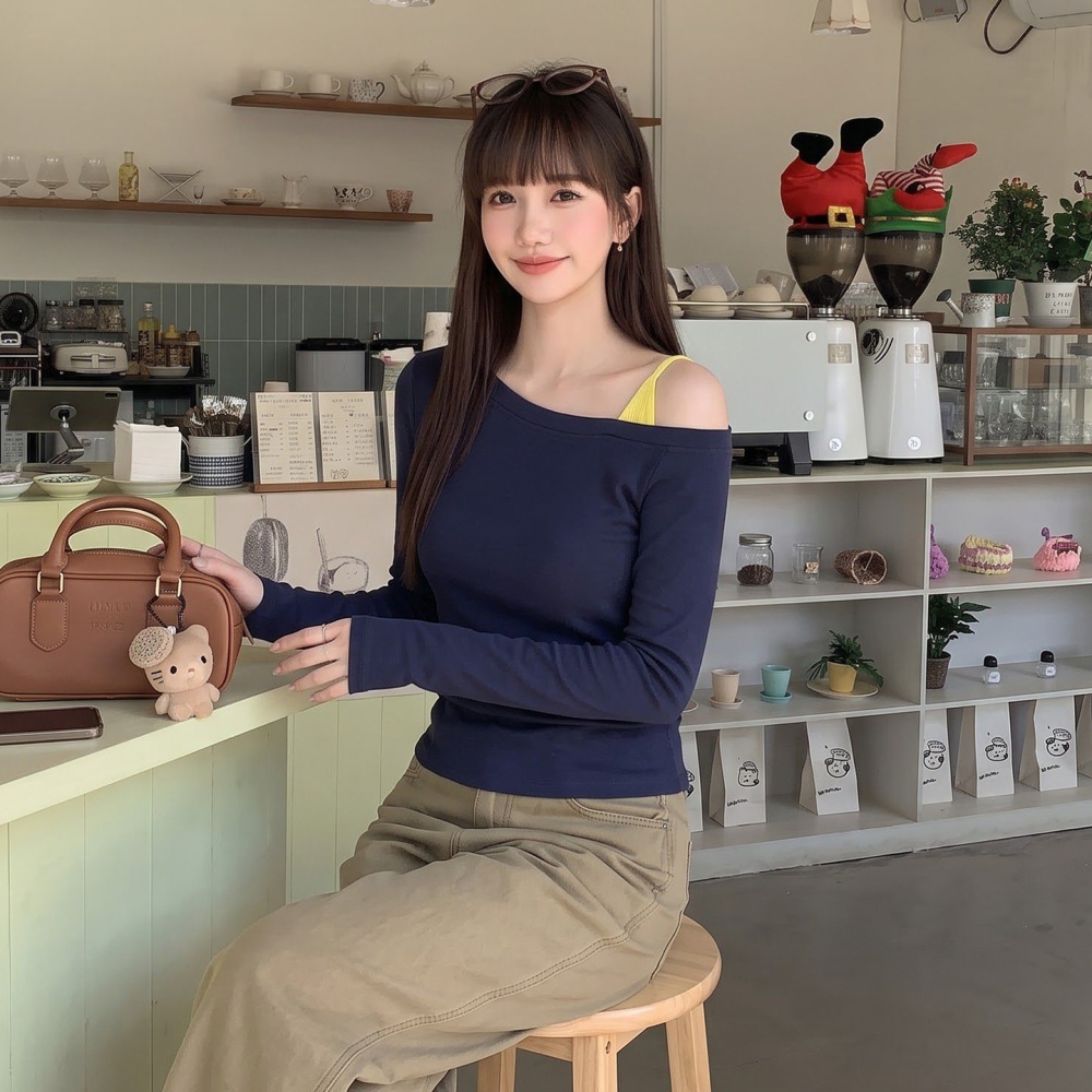 Sloping shoulder sling T-shirt spicegirl strapless tops