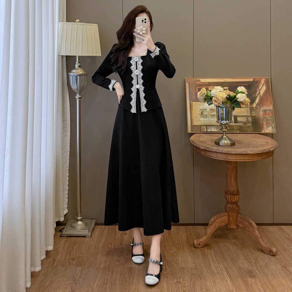 Flowers slim autumn and winter Pseudo-two Hepburn style dress