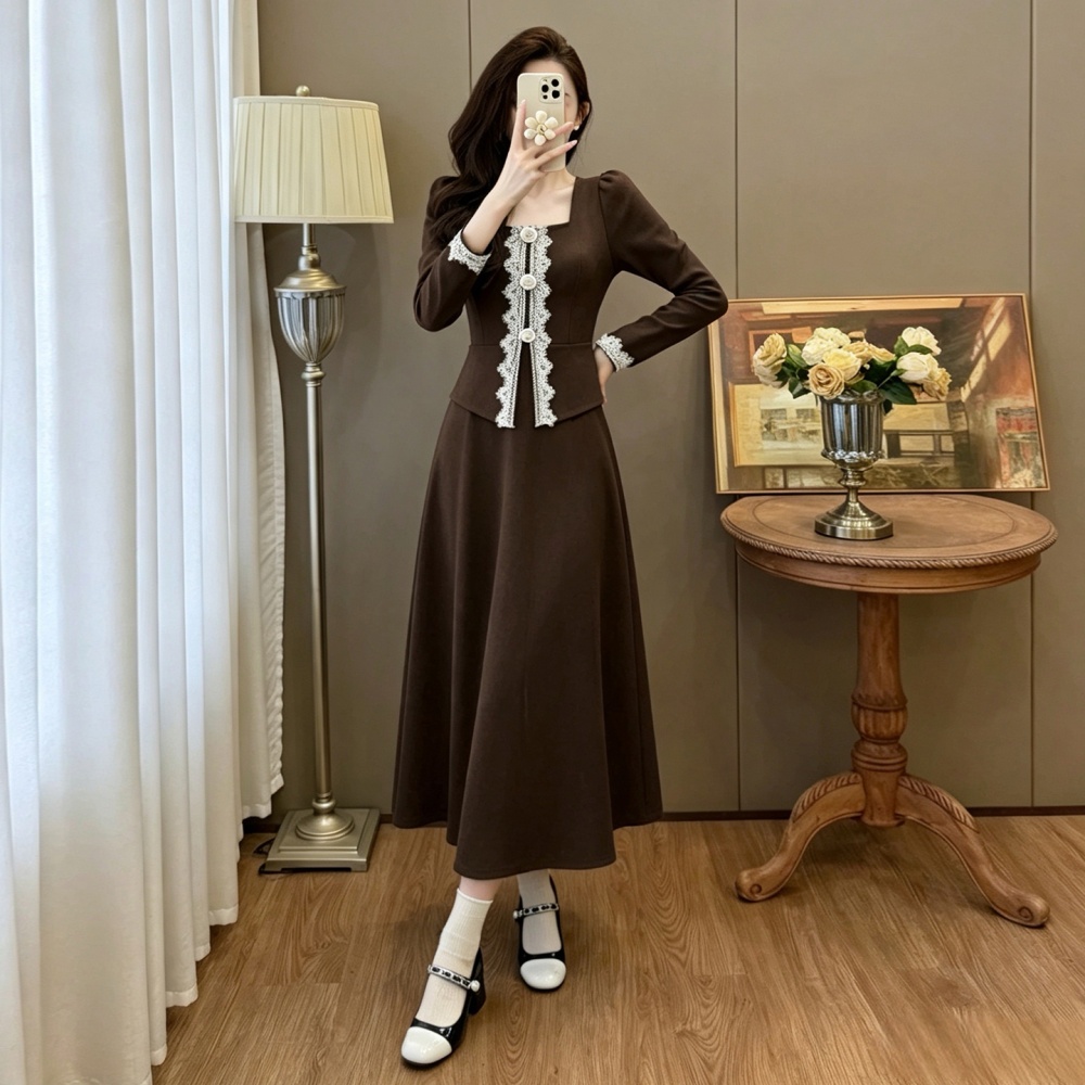 Flowers slim autumn and winter Pseudo-two Hepburn style dress