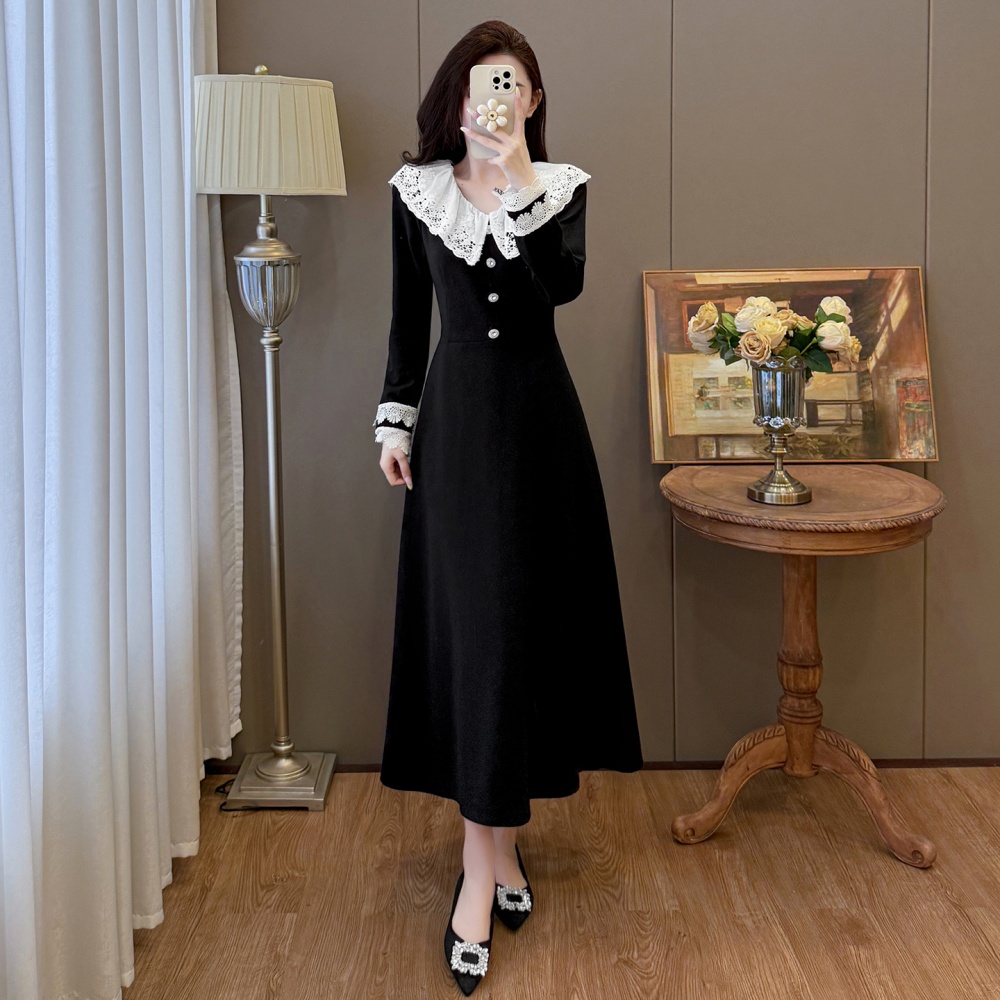 Large yard lapel autumn and winter long France style dress