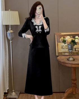 Elegant splice skirt Hepburn style large yard tops 2pcs set