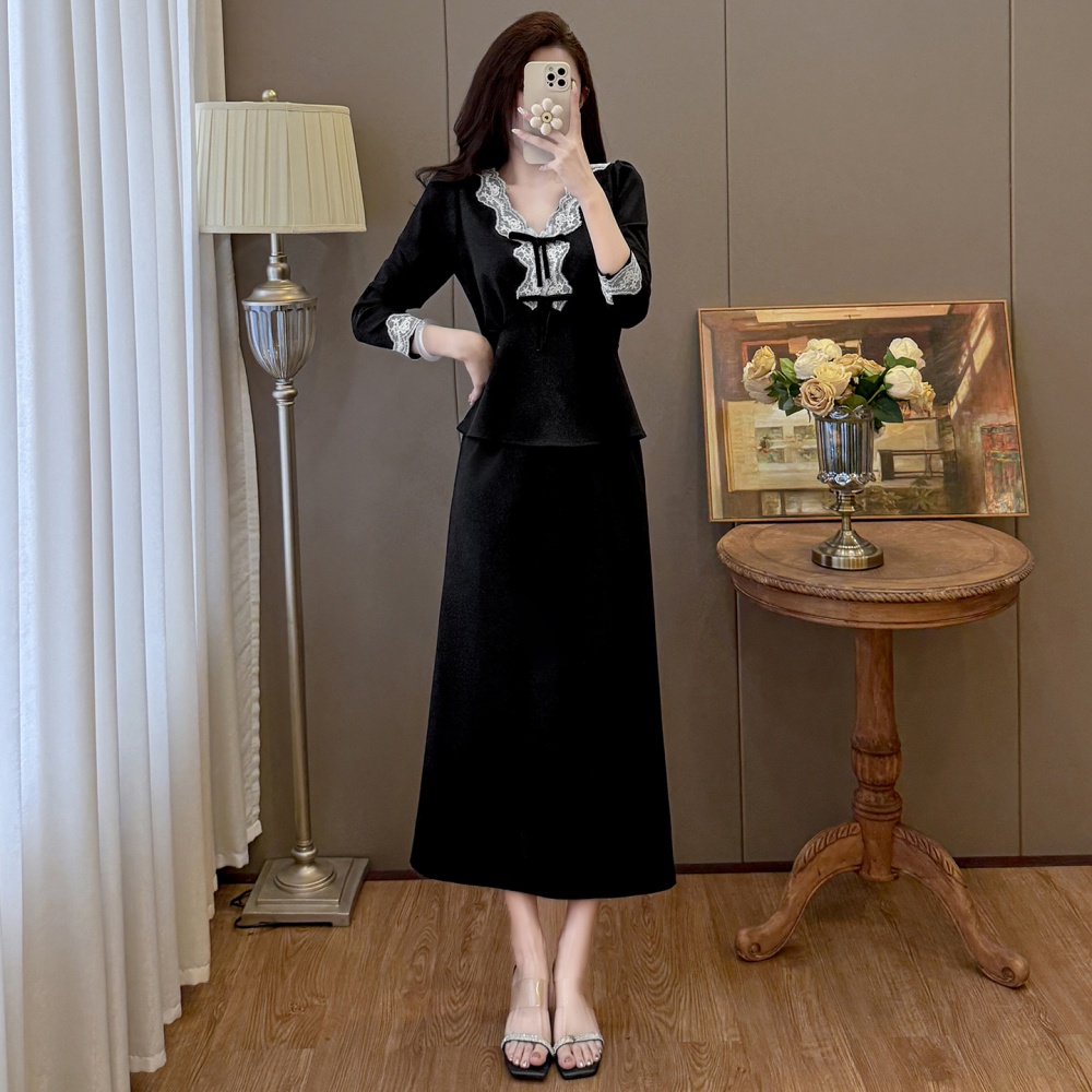 Elegant splice skirt Hepburn style large yard tops 2pcs set
