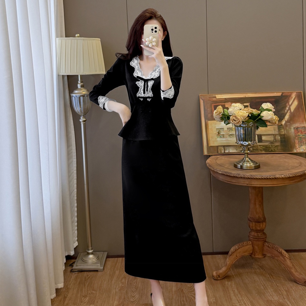 Elegant splice skirt Hepburn style large yard tops 2pcs set
