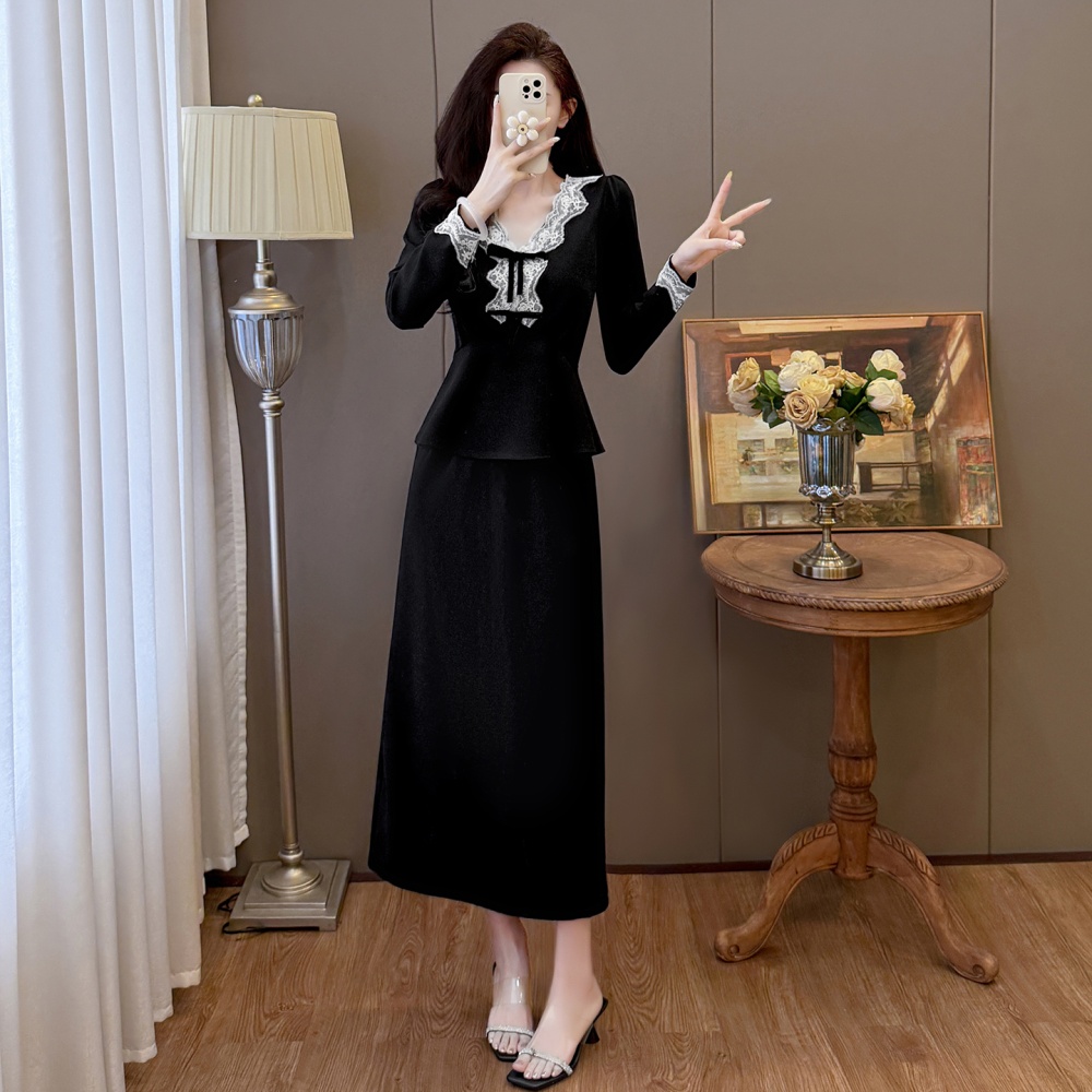 Elegant splice skirt Hepburn style large yard tops 2pcs set