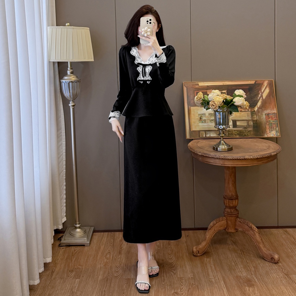 Elegant splice skirt Hepburn style large yard tops 2pcs set