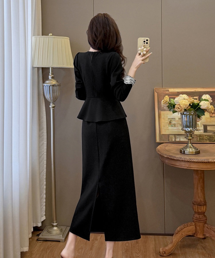 Elegant splice skirt Hepburn style large yard tops 2pcs set