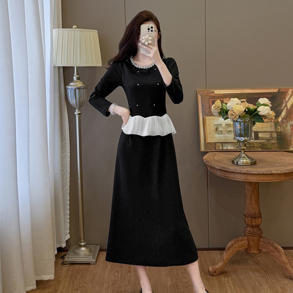 Beading slim lotus leaf edges round neck dress