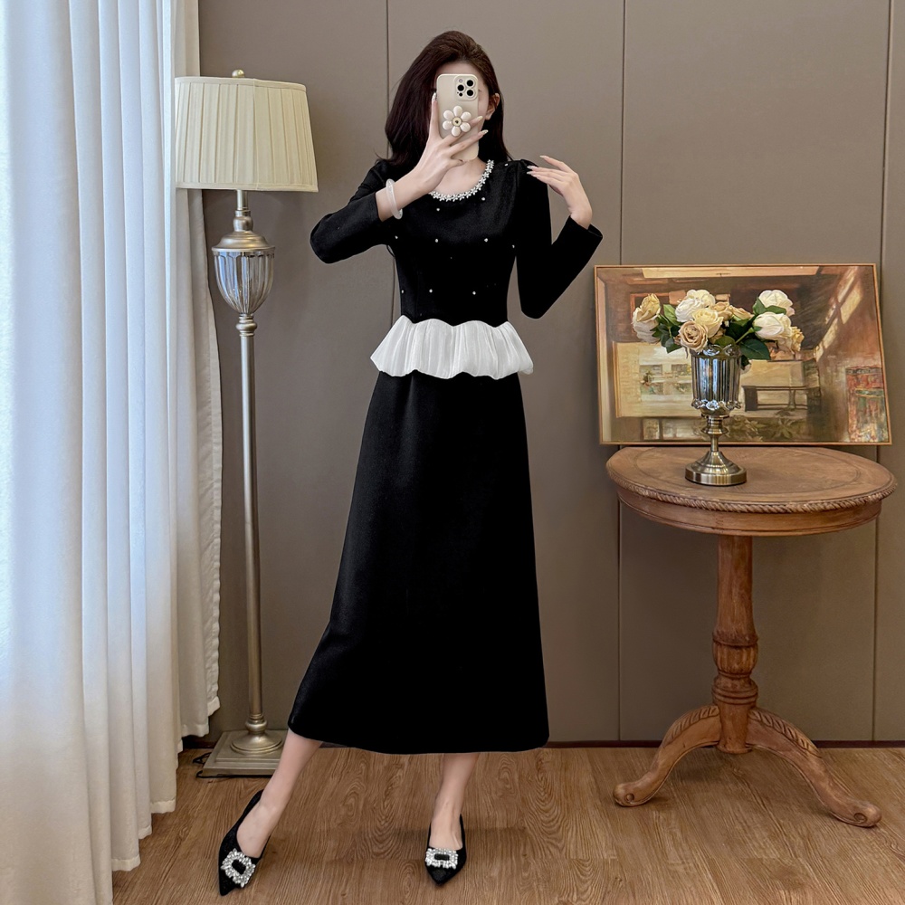 Beading slim lotus leaf edges round neck dress