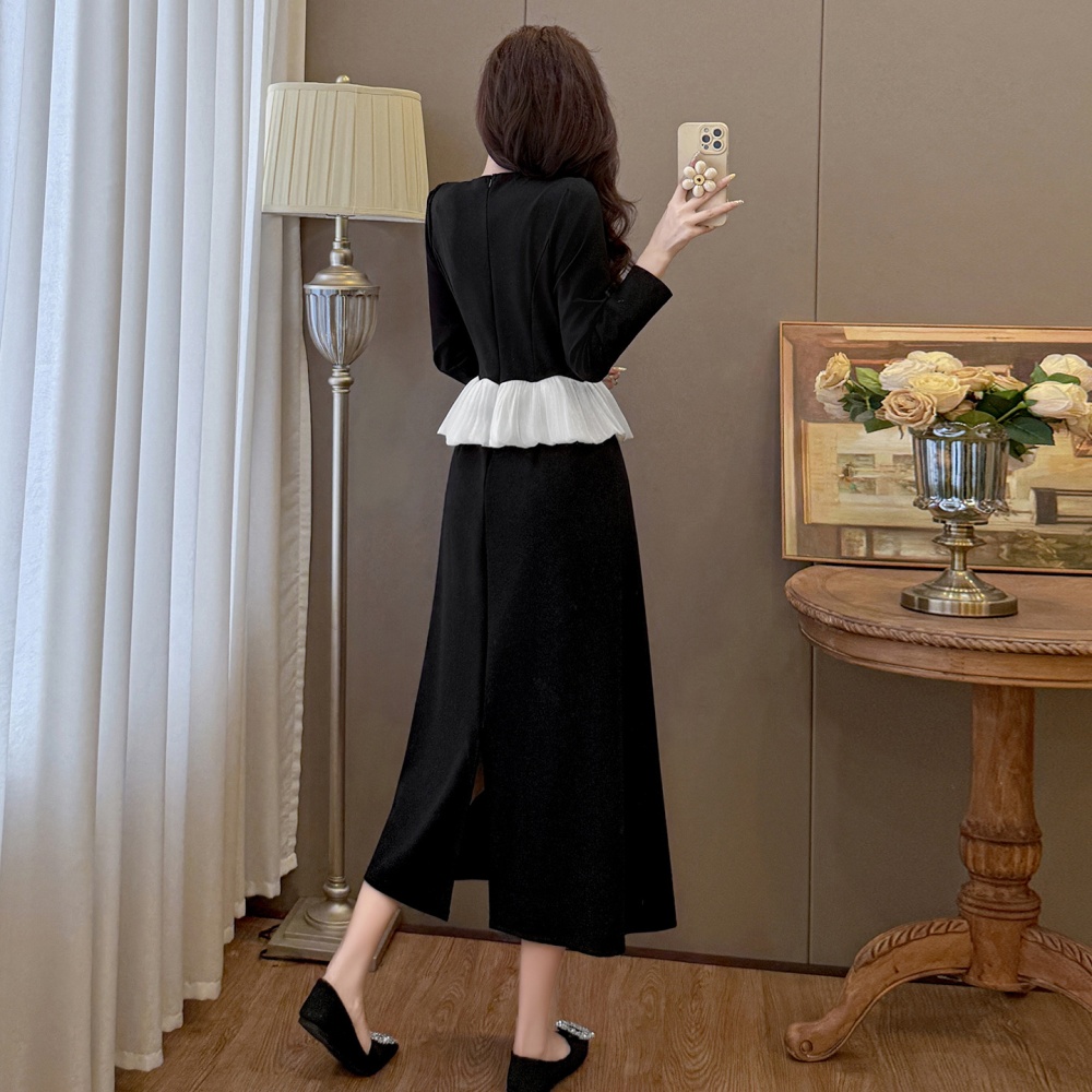 Beading slim lotus leaf edges round neck dress