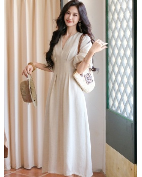 Small fellow dress flax long dress for women