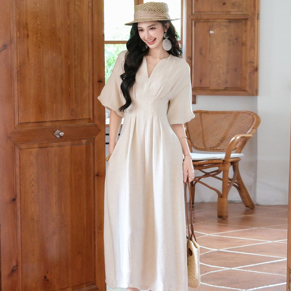 Small fellow dress flax long dress for women