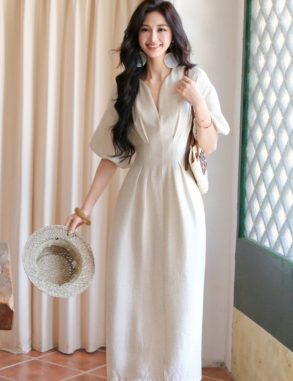 Small fellow dress flax long dress for women